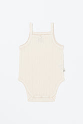 Avauma Summer Picot Sleeveless Bodysuit Buttermilk product shot. Lay-flat of white ribbed baby romper with small bow on a clean background.